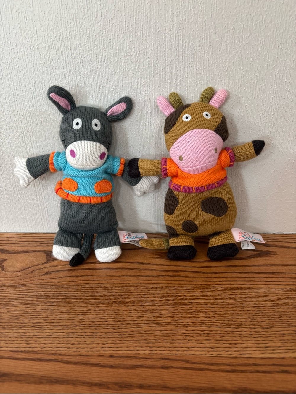 LATITUDE ENFANT Knit Antoine the Donkey and Mona the Cow Lot Stuffed Toys